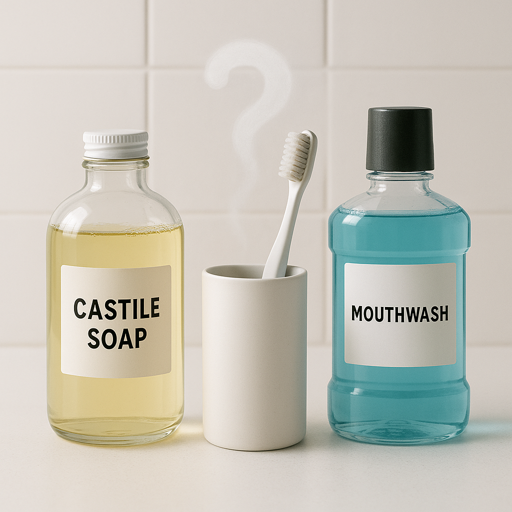 A glass bottle of Castile soap, a toothbrush in a white holder, and a blue mouthwash bottle sit on a clean bathroom counter. A faint question mark hovers above the toothbrush, hinting at a curious connection between soap and oral hygiene.