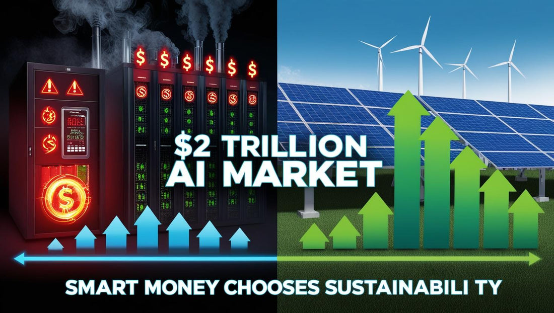 Comparison infographic showing traditional energy-intensive AI data centers versus sustainable climate-resilient AI infrastructure investments