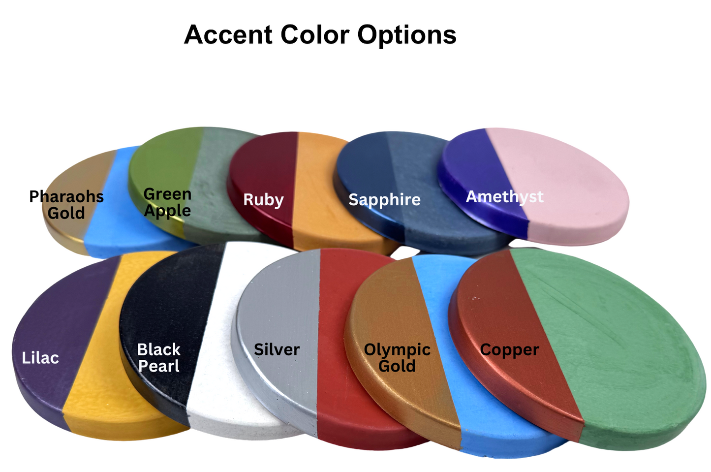 A display titled "Accent Color Options" showcases ten round concrete coasters, each with a cement base color and a hand-painted semi-circular accent in a different vibrant or metallic shade, labeled with the accent color name: Pharaohs Gold, Green Apple, Ruby, Sapphire, Amethyst, Lilac, Black Pearl, Silver, Olympic Gold, and Copper.
