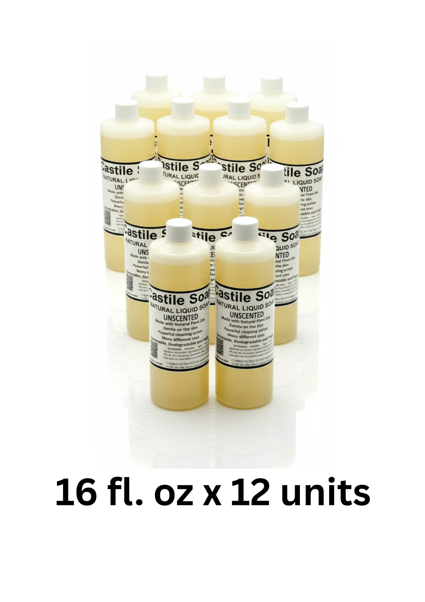 Twelve Bottles of Castile Soap with labels on a white background
