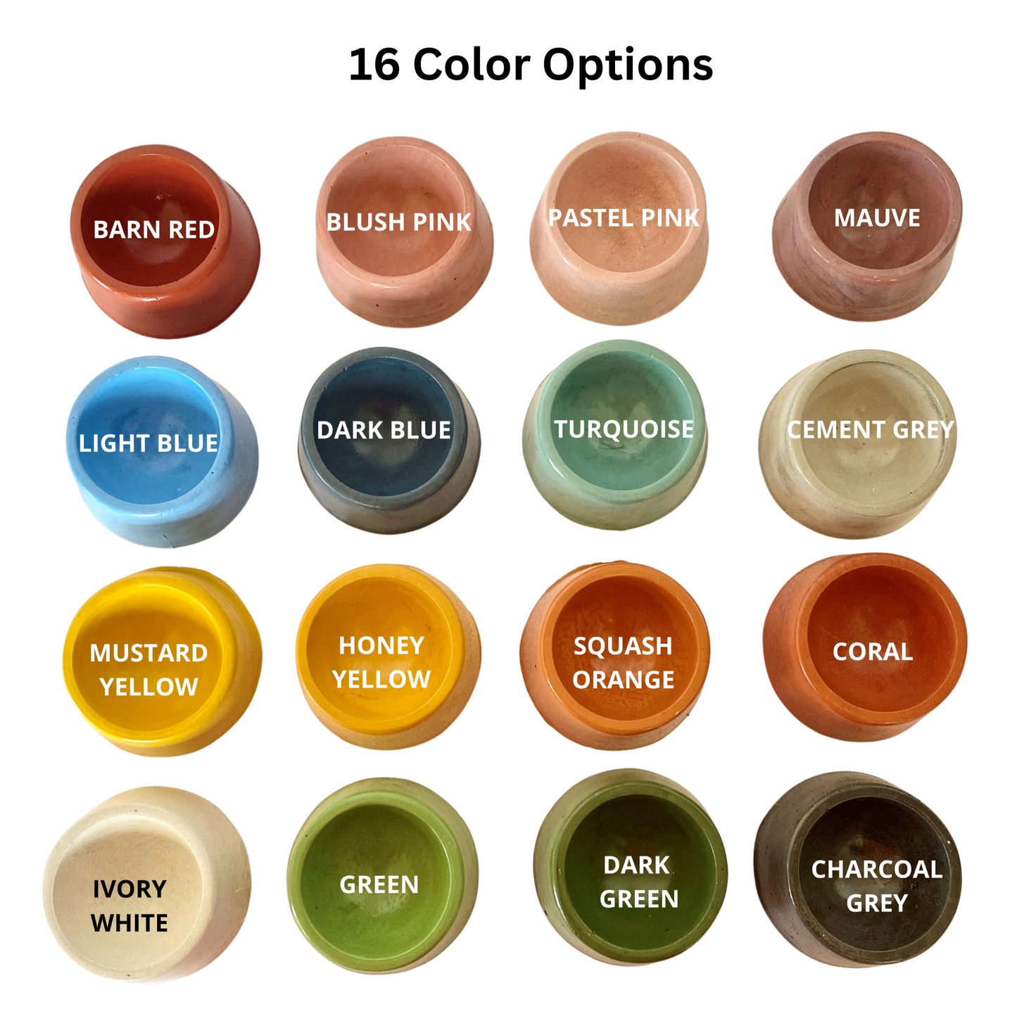 Color chart showing available options for the Heavy Concrete Pet Bowl: Barn Red, Blush Pink, Cement Grey, Charcoal Grey, Coral, Dark Blue, Dark Green, Green, Honey Yellow, Ivory White, Light Blue, Mauve, Mustard Yellow, Pastel Pink, Squash Orange, and Turquoise.
