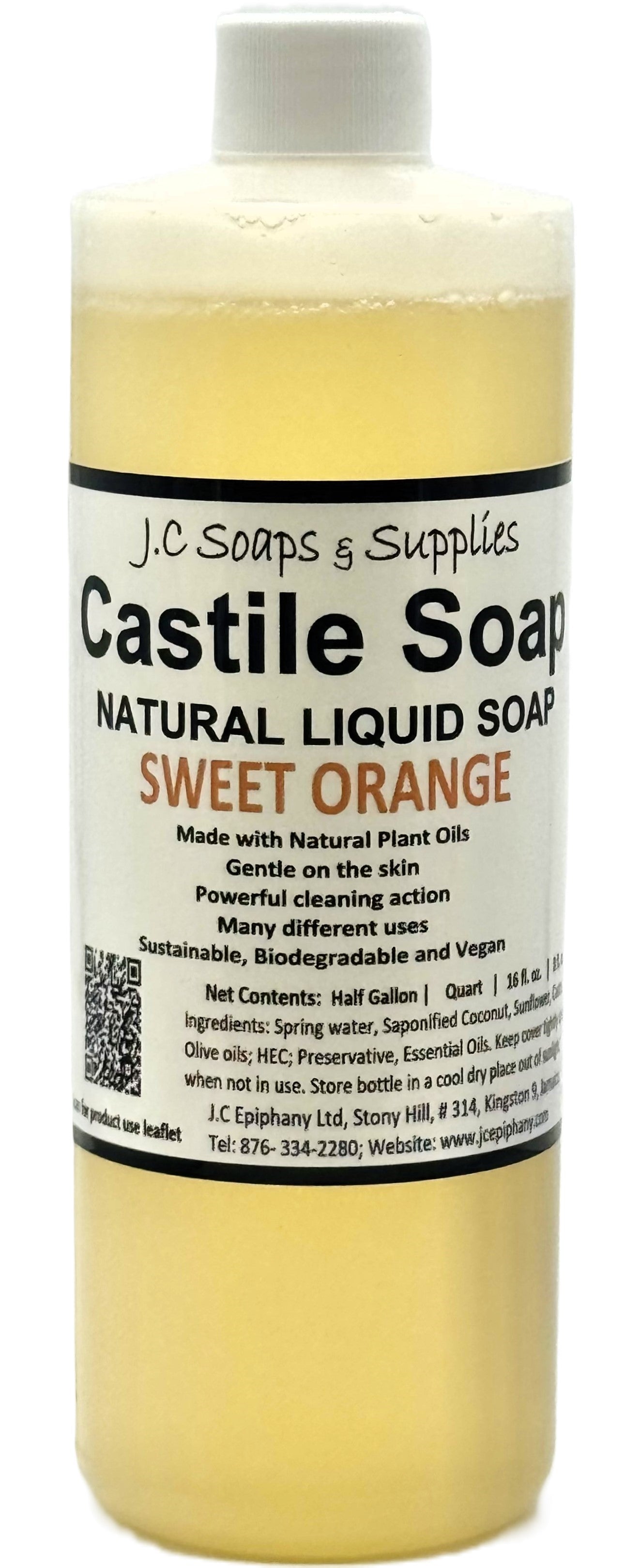 A clear plastic bottle of Sweet Orange Natural Liquid Castile Soap with a white cap is set against a white backdrop. The label reads "Castile Soap NATURAL LIQUID SOAP SWEET ORANGE Made with Natural Plant Oils" and includes ingredient and usage information.