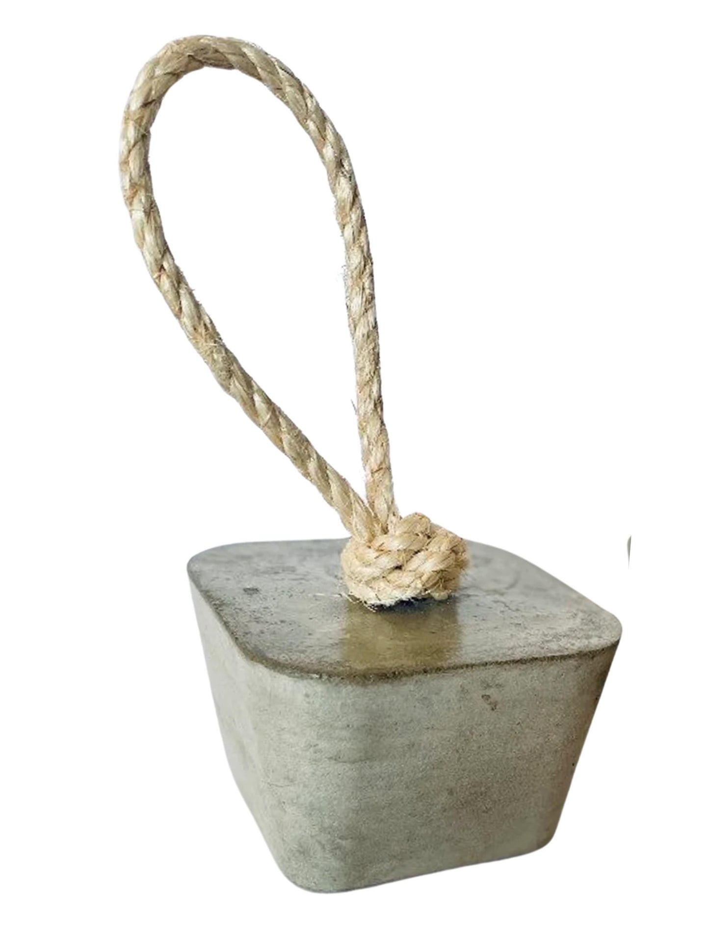 Handmade angular concrete door stop in cement grey with sisal rope handle