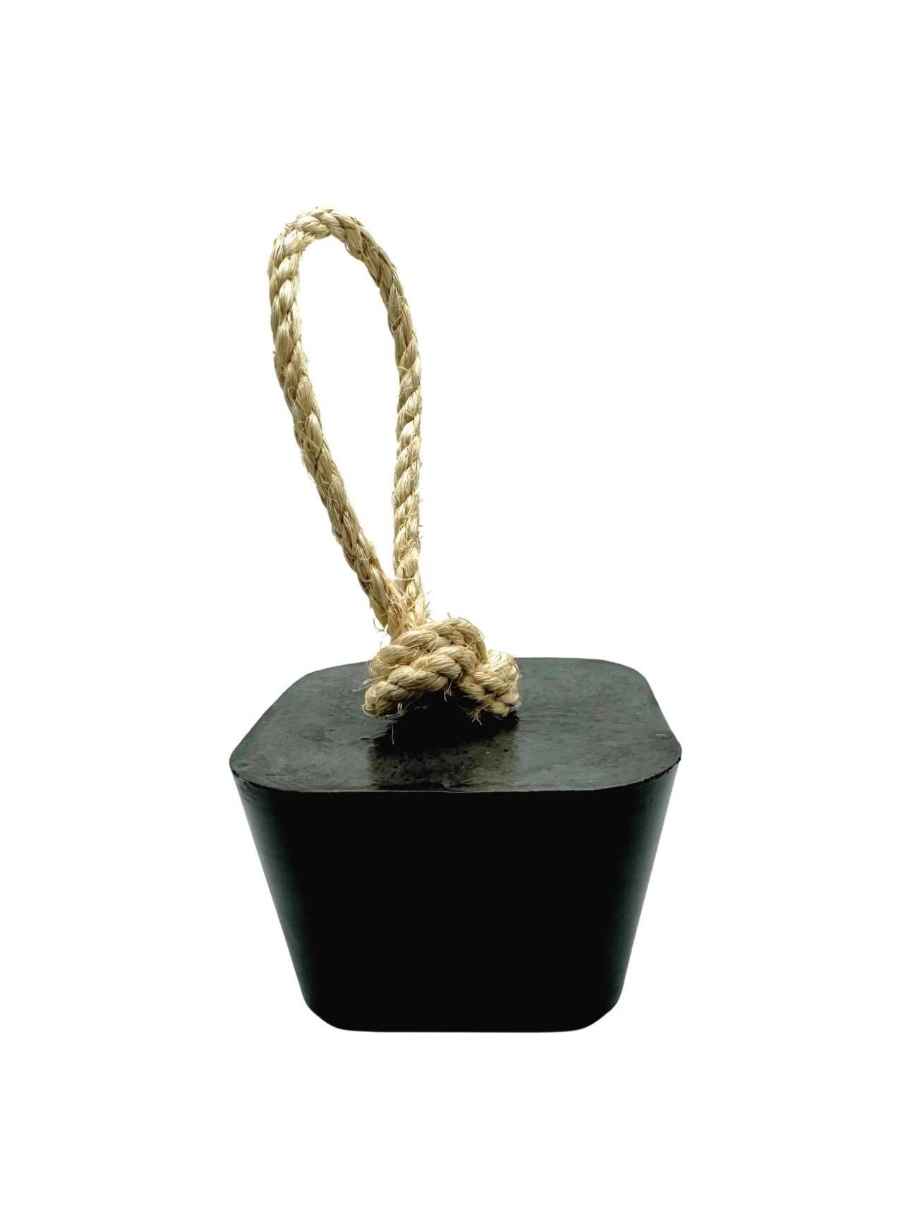 Handmade angular concrete door stop in charcoal grey with sisal rope handle.