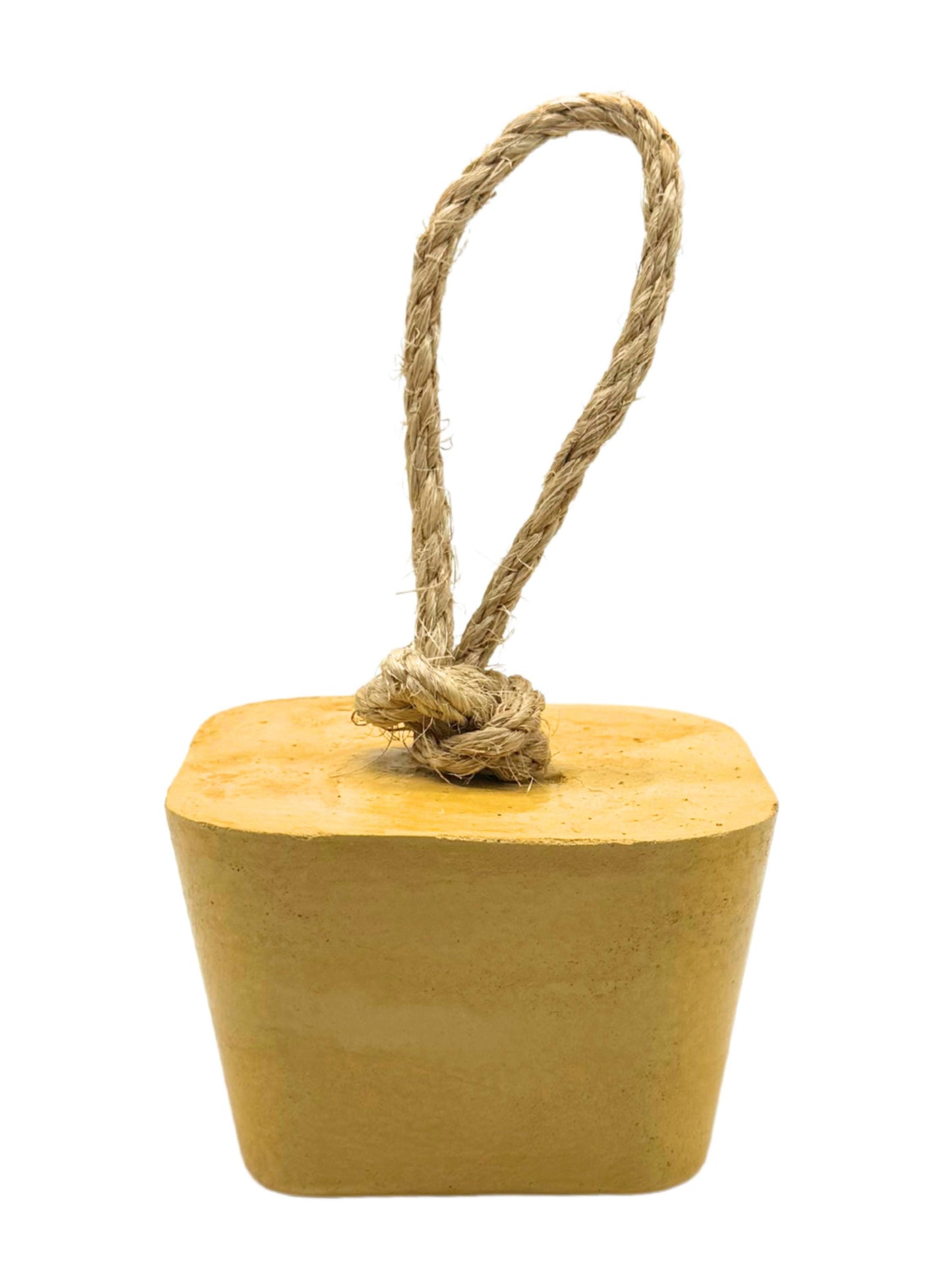 Handmade angular concrete door stop in mustard yellow with sisal rope handle
