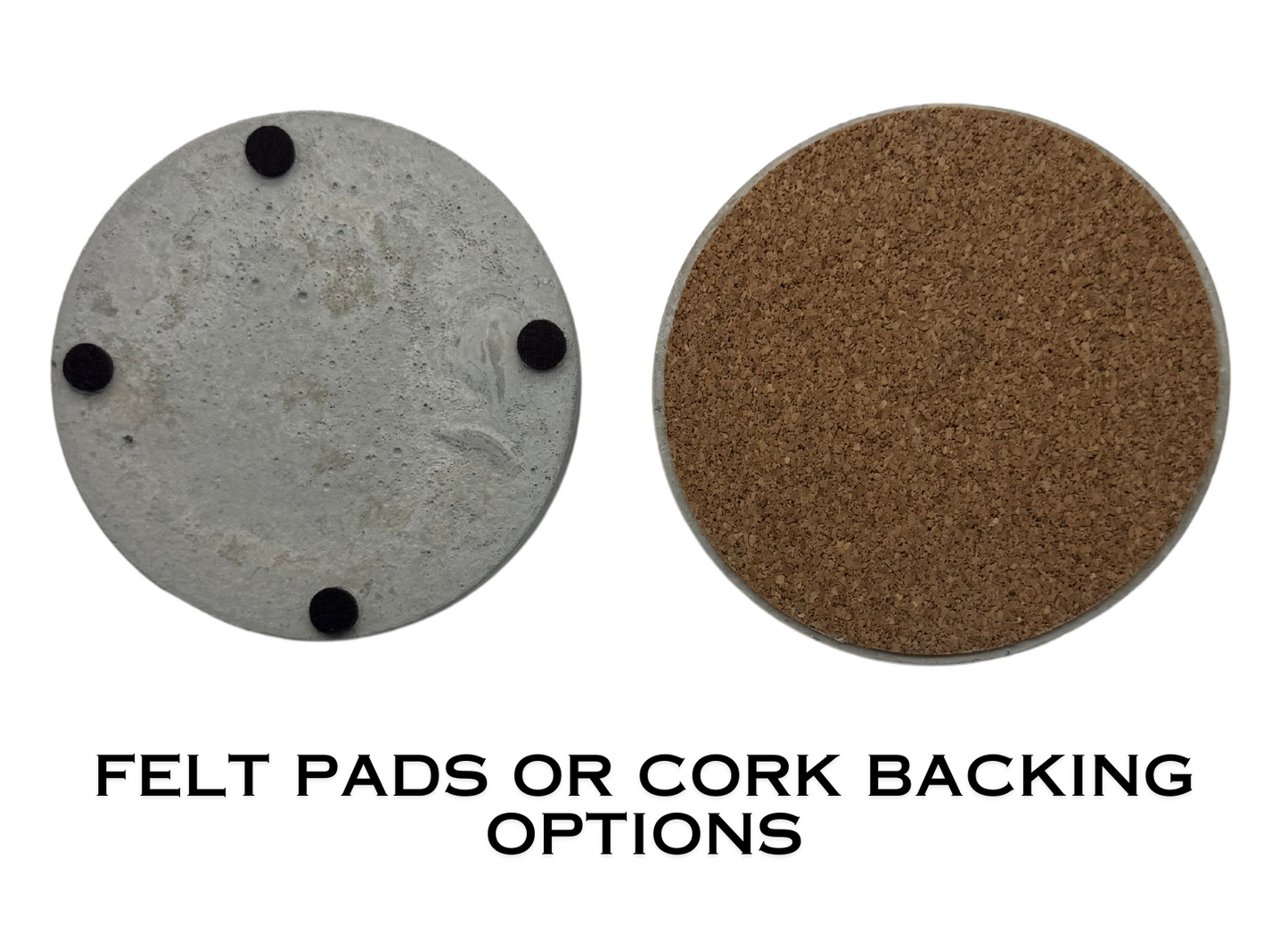 Underside comparison of two round cement gray coasters: one base shows protective felt pads, the other shows full cork backing.