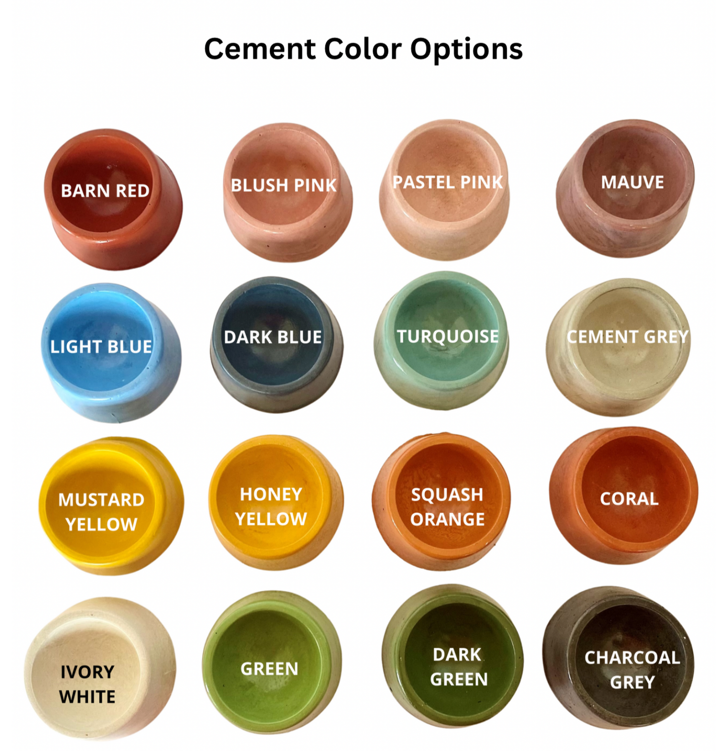 A display titled "Cement Color Options" shows sixteen round concrete samples, each in a different glossy color with a white label indicating the color name: Barn Red, Blush Pink, Pastel Pink, Mauve, Light Blue, Dark Blue, Turquoise, Cement Grey, Mustard Yellow, Honey Yellow, Squash Orange, Coral, Ivory White, Green, Dark Green, and Charcoal Grey, arranged in four rows of four, representing the available shades for concrete coaster trays.