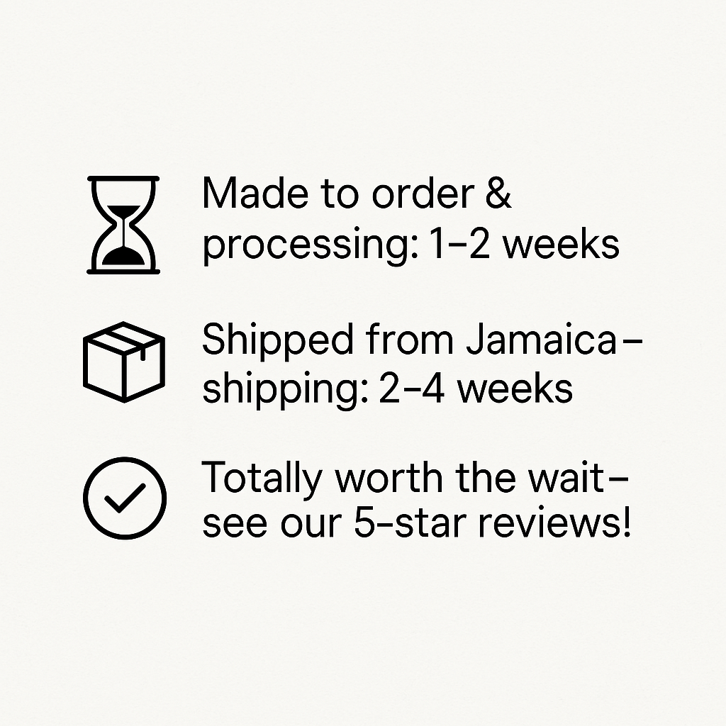 Three icons with accompanying text detail the order process for concrete coasters. Top: An hourglass icon next to "Made to order & processing: 1-2 weeks." Middle: A box icon next to "Shipped from Jamaica - shipping: 2-4 weeks." Bottom: A checkmark inside a circle next to "Totally worth the wait - see our 5-star reviews!"