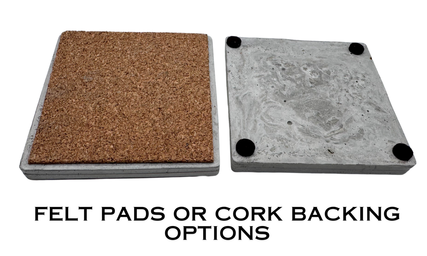 Two grey concrete coaster bottom options: one displays full cork backing, the other has 4 felt feet.