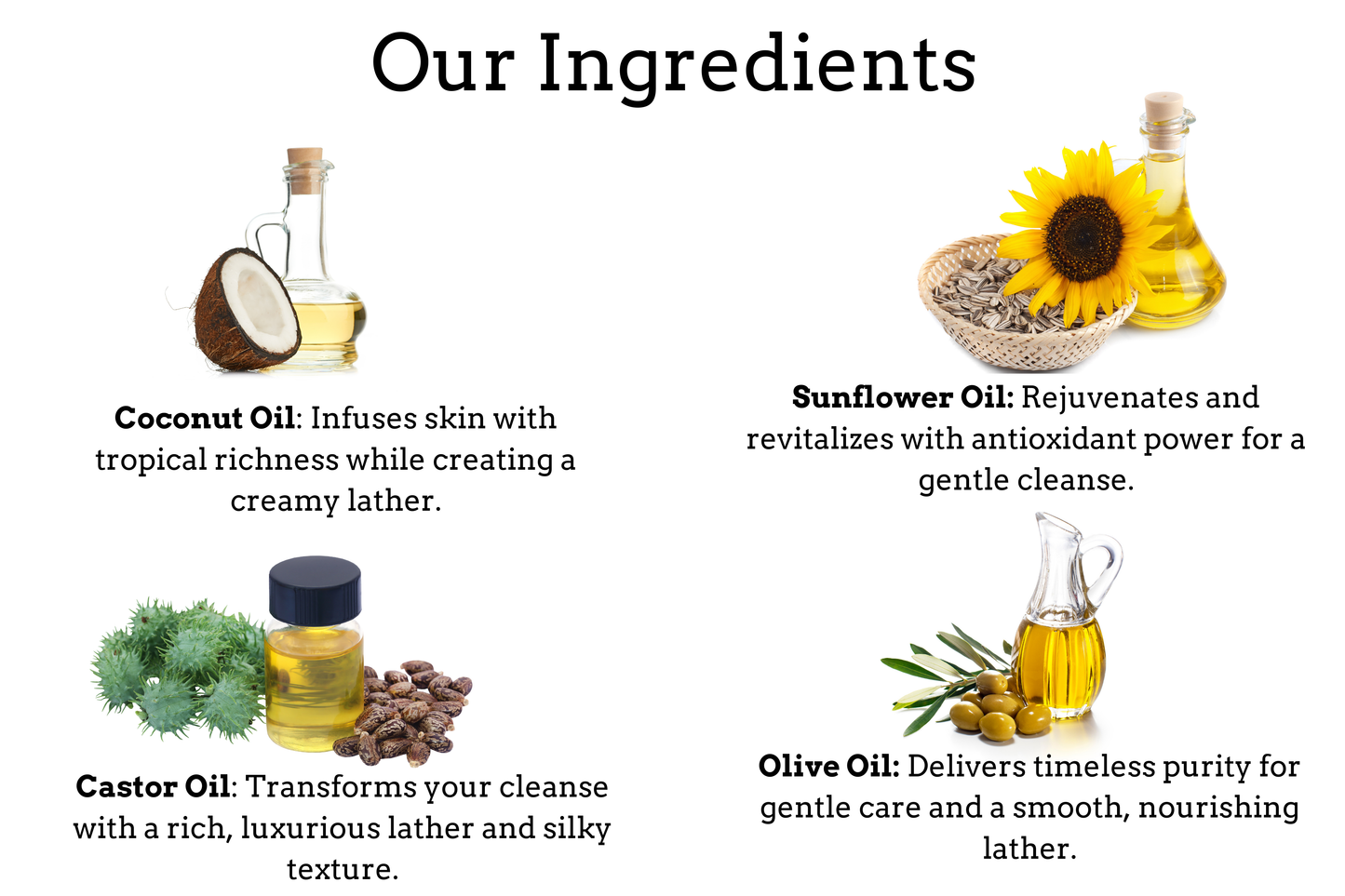 A chart titled "Essential Oil Options" displays nine scent options: Eucalyptus, Lavender, Lemon, Lemongrass, Peppermint, Rosemary, Sweet Orange, and Tea Tree Oil. An image of each plant is included beside its name, with a perfume bottle marked with an "X" for Unscented.