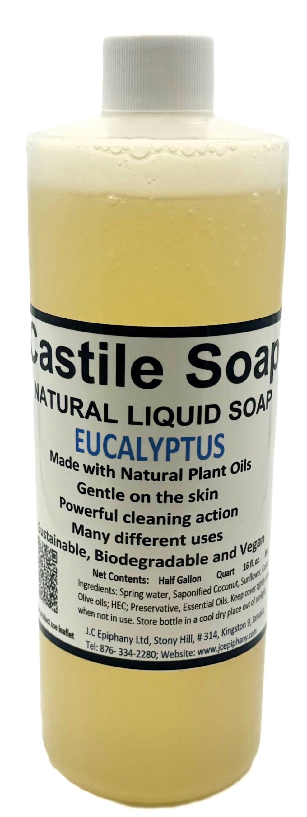 A clear plastic bottle of Eucalyptus Natural Liquid Castile Soap with a white cap is set against a white backdrop. The label reads "Castile Soap NATURAL LIQUID SOAP EUCALYPTUS Made with Natural Plant Oils" and includes ingredient and usage information.