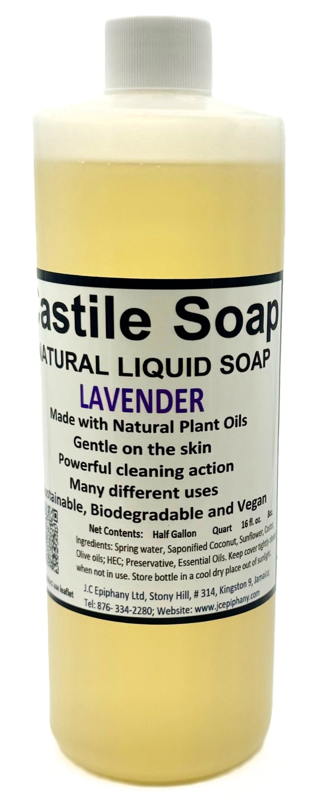 A clear plastic bottle of Lavender Natural Liquid Castile Soap with a white cap is set against a white backdrop. The label reads "Castile Soap NATURAL LIQUID SOAP LAVENDER Made with Natural Plant Oils" and includes ingredient and usage info