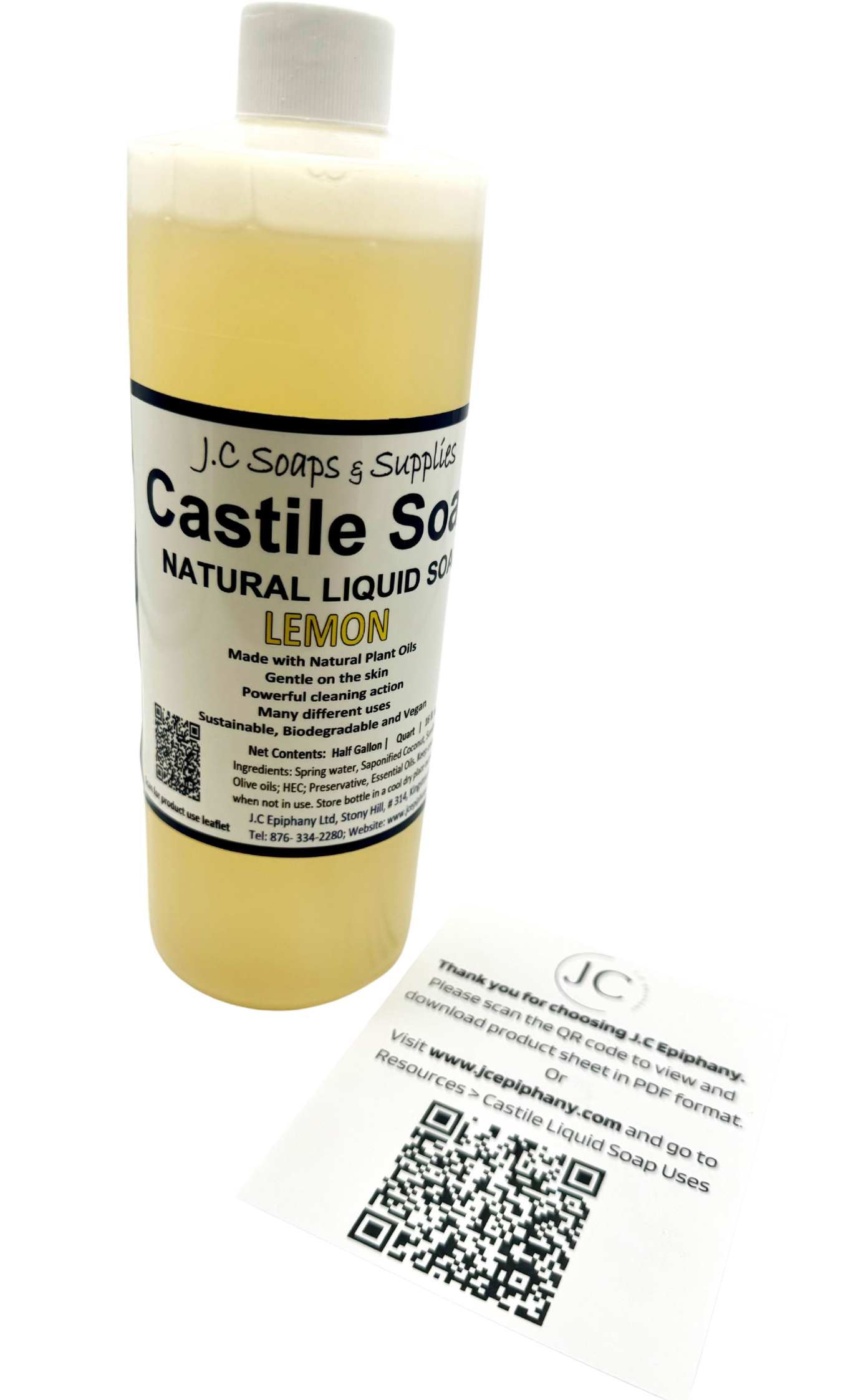 A clear bottle of Lemon Natural Liquid Castile Soap with a white cap is displayed near a card with a QR code and a thank you message from JC Epiphany, all set against a white background.