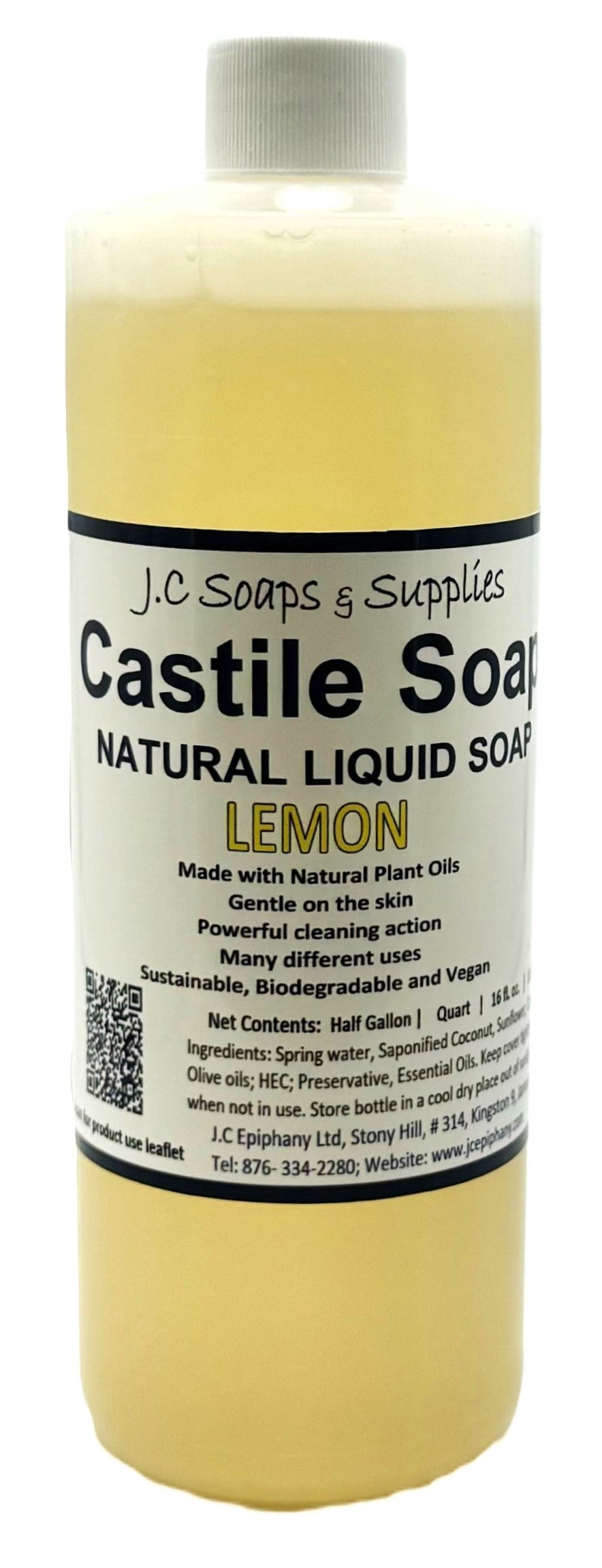 A clear plastic bottle of Lemon Natural Liquid Castile Soap with a white cap is set against a white backdrop. The label reads "Castile Soap NATURAL LIQUID SOAP LEMON Made with Natural Plant Oils" and includes ingredient and usage info
