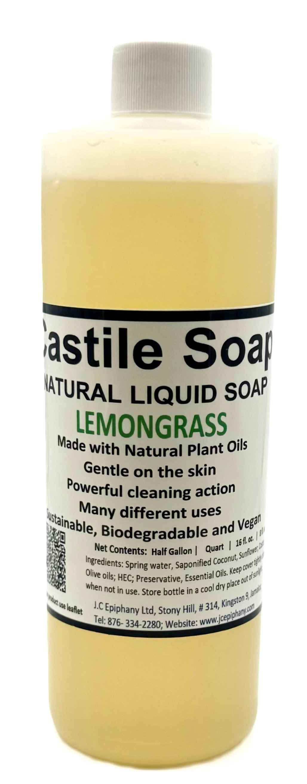 A clear plastic bottle of Lemongrass Natural Liquid Castile Soap with a white cap is shown against a white background. The label highlights "Castile Soap NATURAL LIQUID SOAP LEMONGRASS Made with Natural Plant Oils" and lists ingredients and uses.