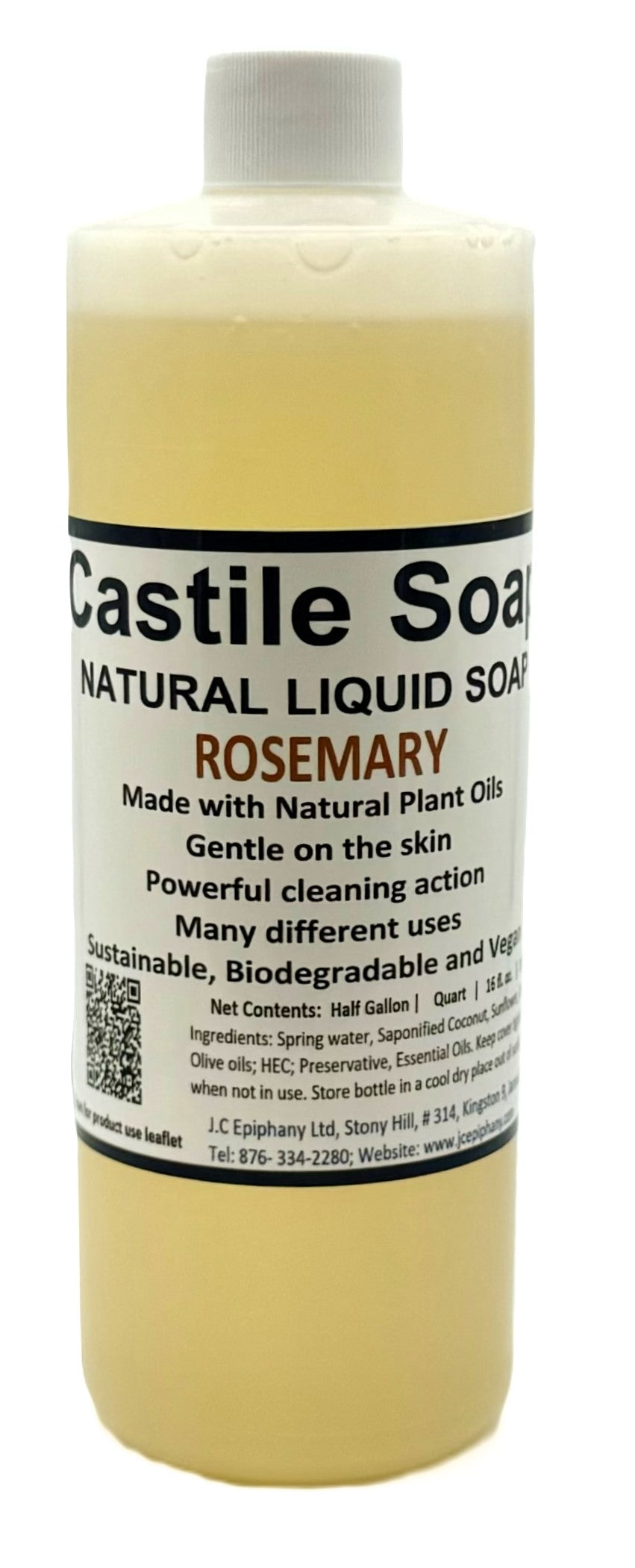 A clear plastic bottle of Rosemary Natural Liquid Castile Soap with a white cap is set against a white backdrop. The label reads "Castile Soap NATURAL LIQUID SOAP ROSEMARY Made with Natural Plant Oils" and includes ingredient and usage information.