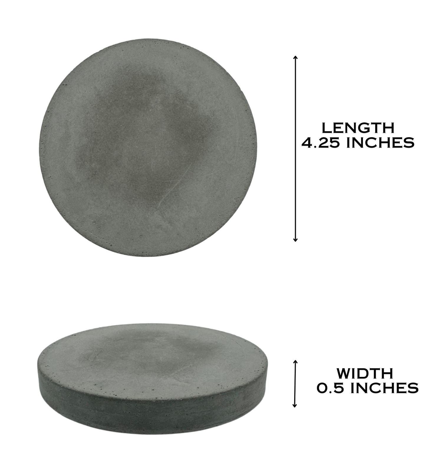 Dimensions of round cement gray concrete coaster: top view displays 4.25-inch diameter, side view shows 0.5-inch height.