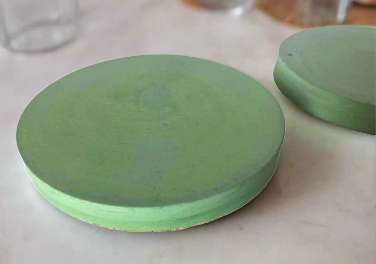 Two round handmade concrete drink coasters in Green are positioned against a white background. One coaster is shown face-up, revealing its smooth circular surface, while the other is slightly behind and angled to show its thickness.