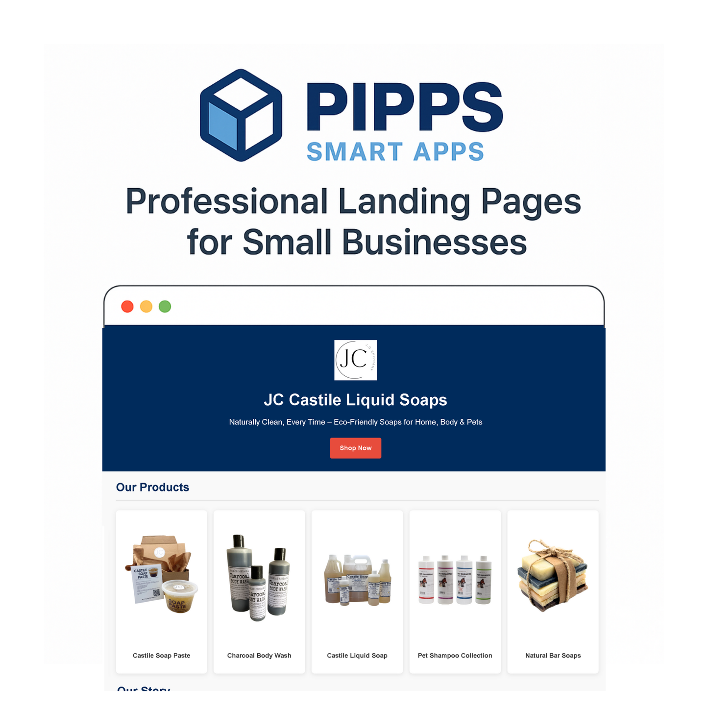 PIPPS Smart Apps professional small business landing page mockup featuring JC Castile Liquid Soaps website with product listings