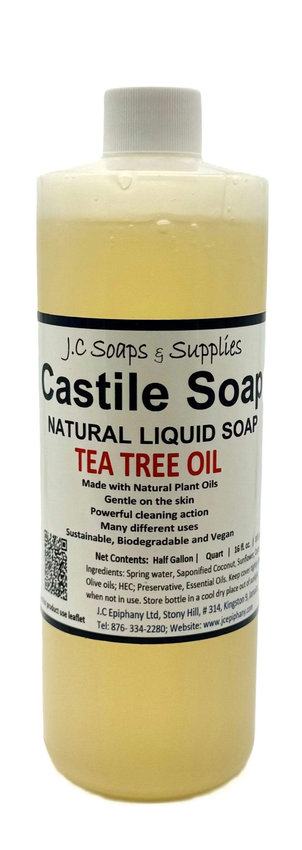 A clear plastic bottle of Tea tree oil Natural Liquid Castile Soap with a white cap is set against a white backdrop. The label reads "Castile Soap NATURAL LIQUID SOAP TEA TREE OIL Made with Natural Plant Oils" and includes ingredient and usage information.