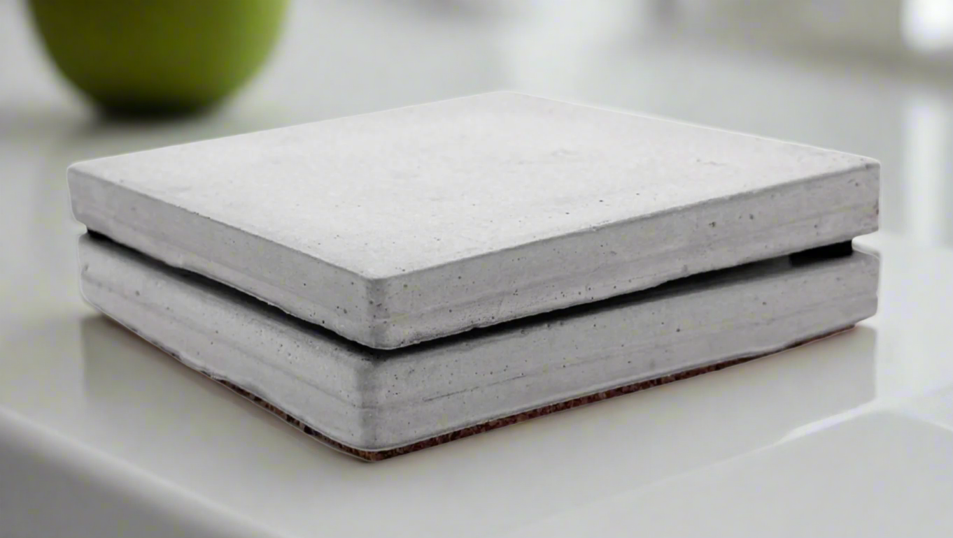Two stackable ivory white square concrete coasters shown one atop the other. Handcrafted modern rustic.