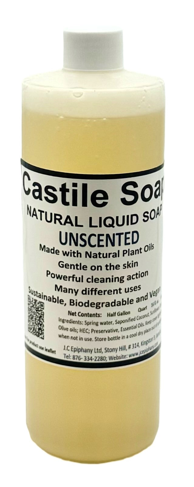 A clear plastic bottle of Unscented Natural Liquid Castile Soap with a white cap is displayed against a white background. The label emphasizes "Castile Soap NATURAL LIQUID SOAP UNSCENTED Made with Natural Plant Oils," and lists ingredients and various uses.
