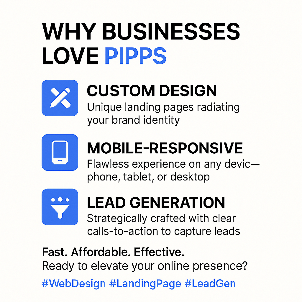Why businesses love PIPPS Smart Apps landing pages highlighting custom design, mobile responsive websites, and lead generation features