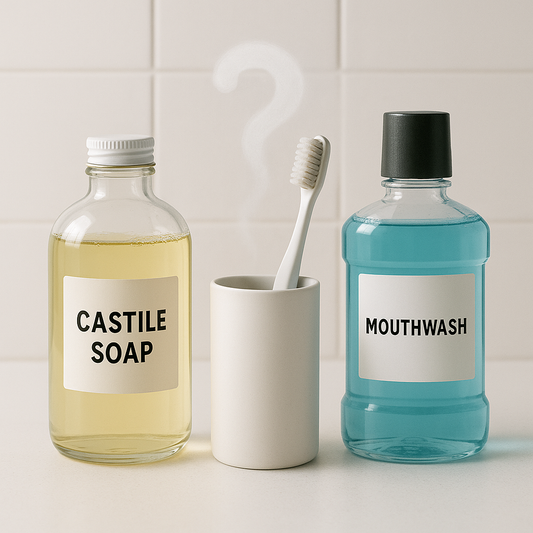 A glass bottle of Castile soap, a toothbrush in a white holder, and a blue mouthwash bottle sit on a clean bathroom counter. A faint question mark hovers above the toothbrush, hinting at a curious connection between soap and oral hygiene.
