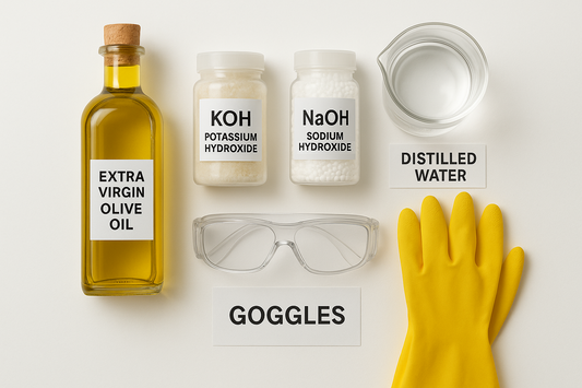 A clean flat lay of soapmaking ingredients on a white surface: a bottle of olive oil, two sealed containers labeled Potassium Hydroxide (KOH) and Sodium Hydroxide (NaOH), a beaker labeled Distilled Water, safety goggles, and chemical-resistant gloves.