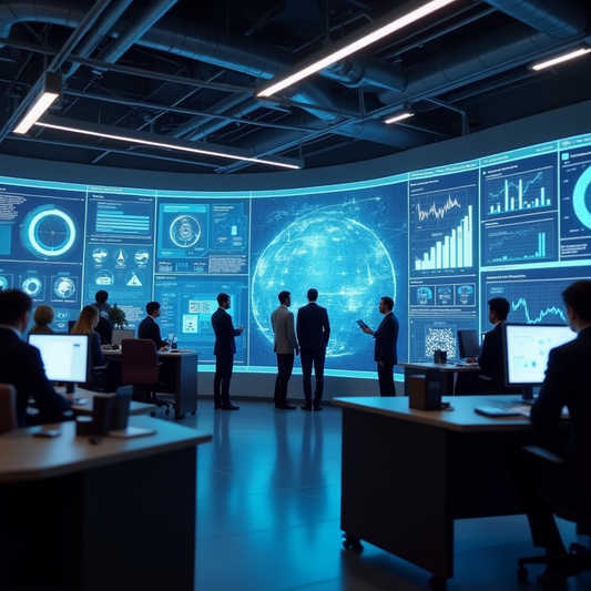 Futuristic business center with professionals using holographic AI dashboards and edge devices for real-time data and distributed AI