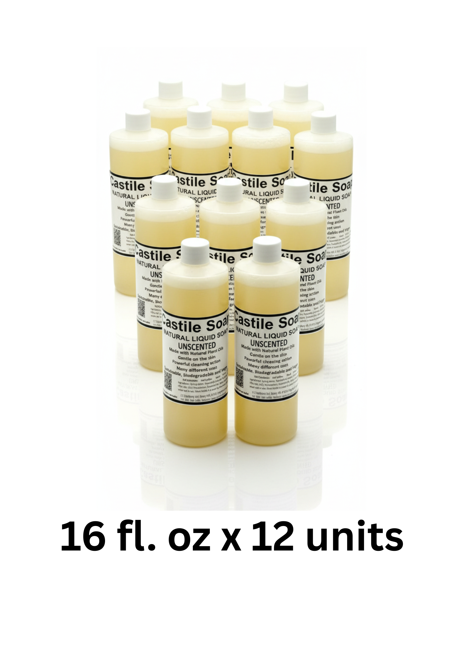 Twelve Bottles of Castile Soap with labels on a white background