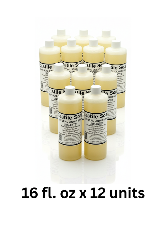 Twelve Bottles of Castile Soap with labels on a white background