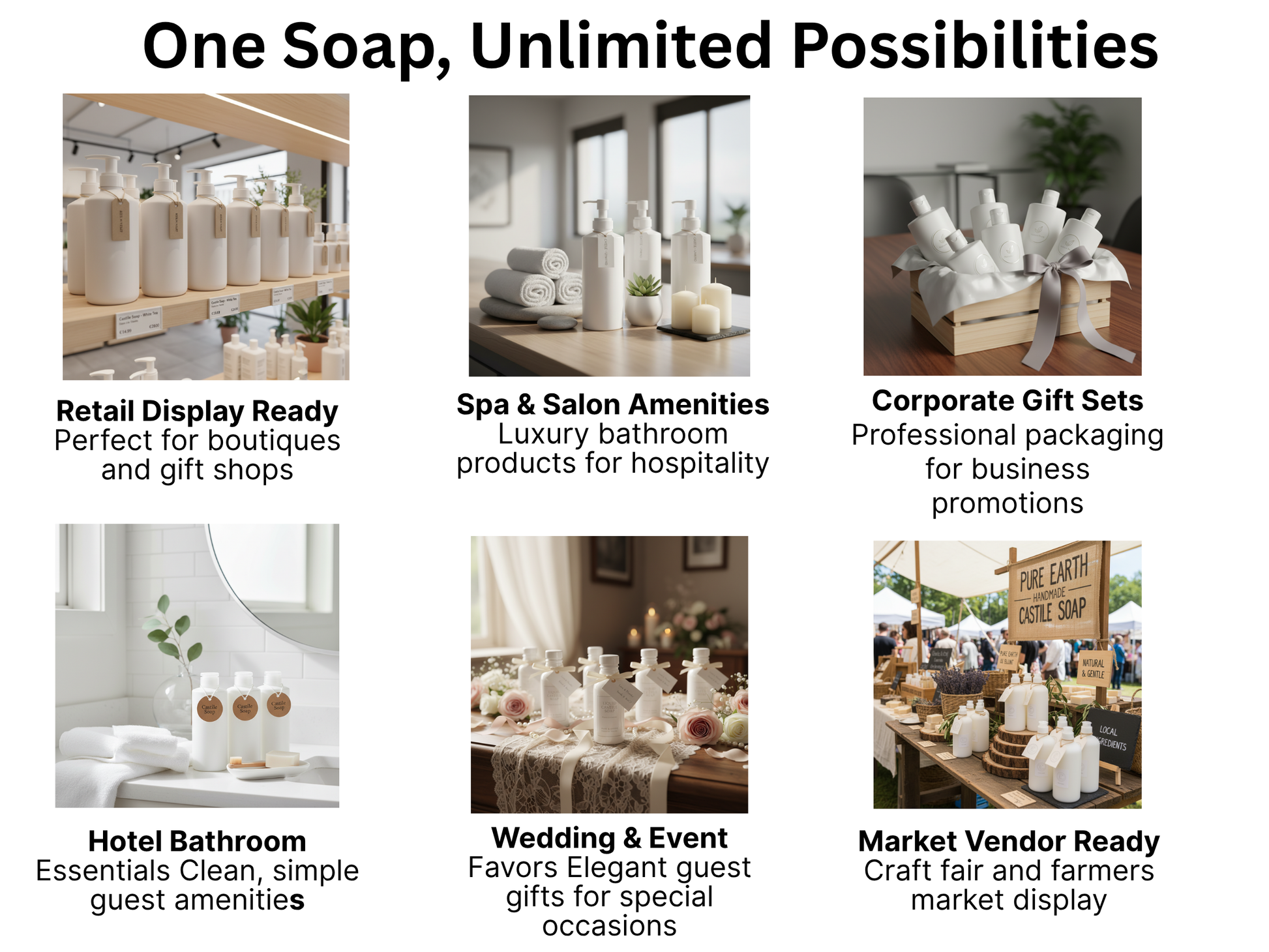 Promotional image of soap products with various uses and settings.