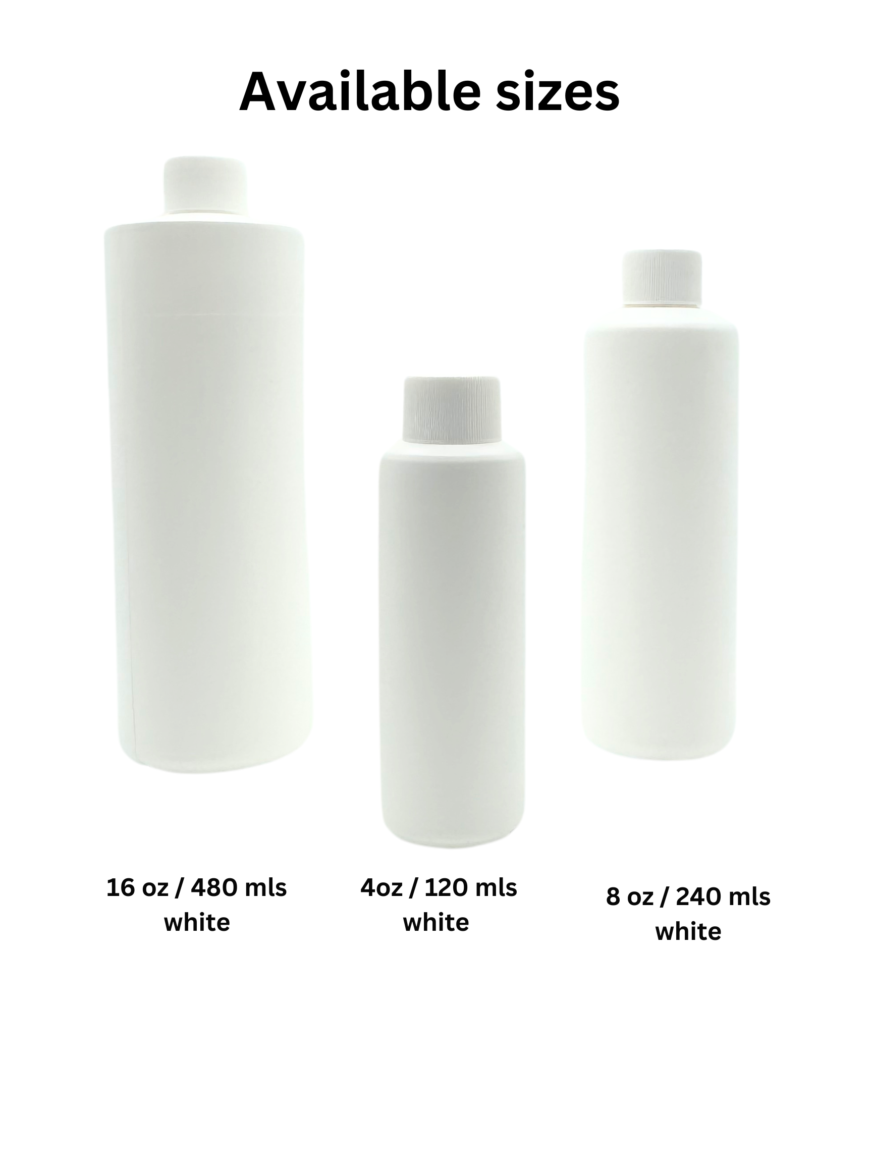 Three white bottles of different sizes on a white background with labeled capacities.