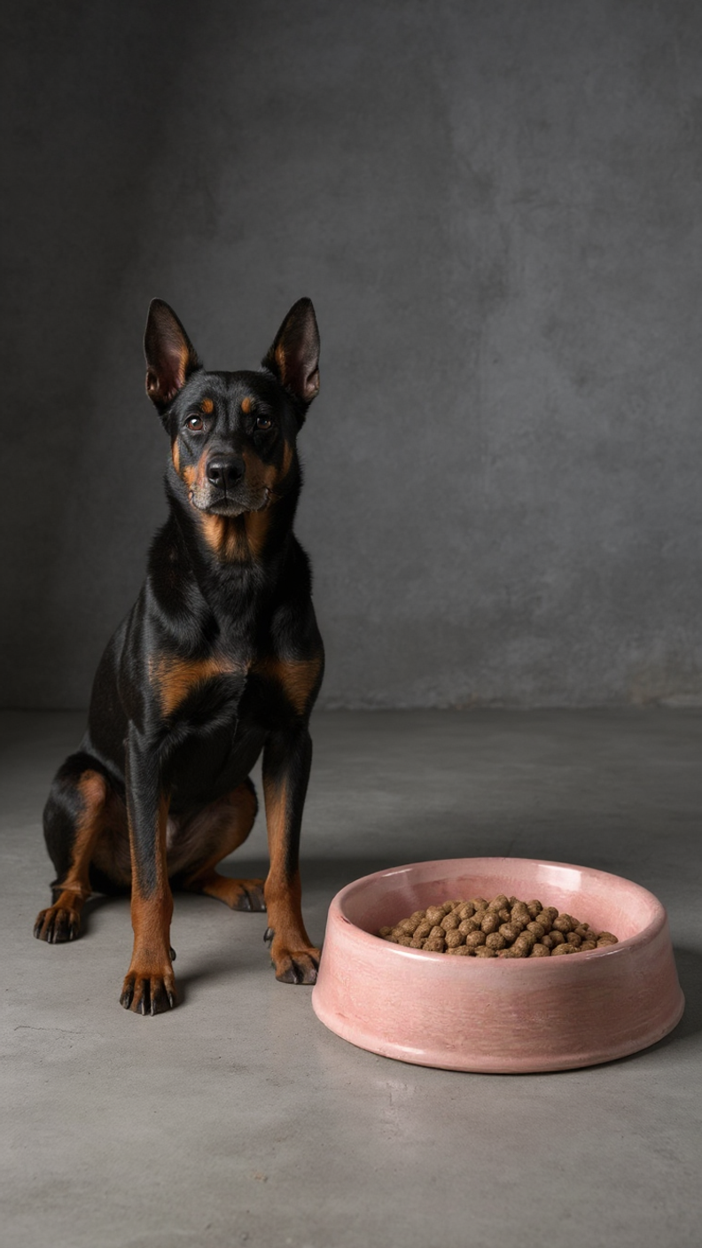 Dog sitting next to a pink bowl filled with kibble on a gray background