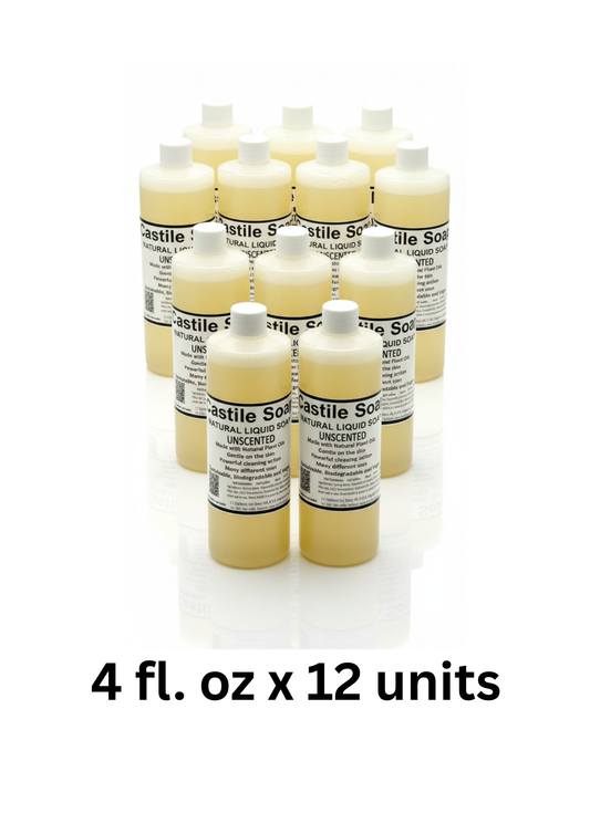 Twelve bottles of Castile Soap with labels on a white background