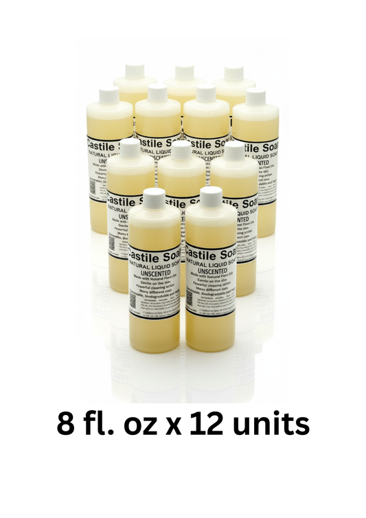 Twelve bottles of Castile Liquid Soap with labels on a white background
