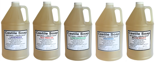 Five gallon jugs of Castile Soap stand in a row against a white background, each featuring a different scent: Lavender, Tea Tree Oil, Lemongrass, Unscented, and Rosemary.