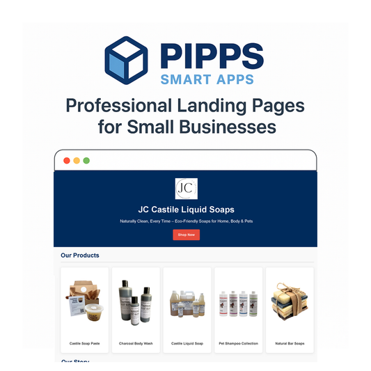 PIPPS Smart Apps professional small business landing page mockup featuring JC Castile Liquid Soaps website with product listings